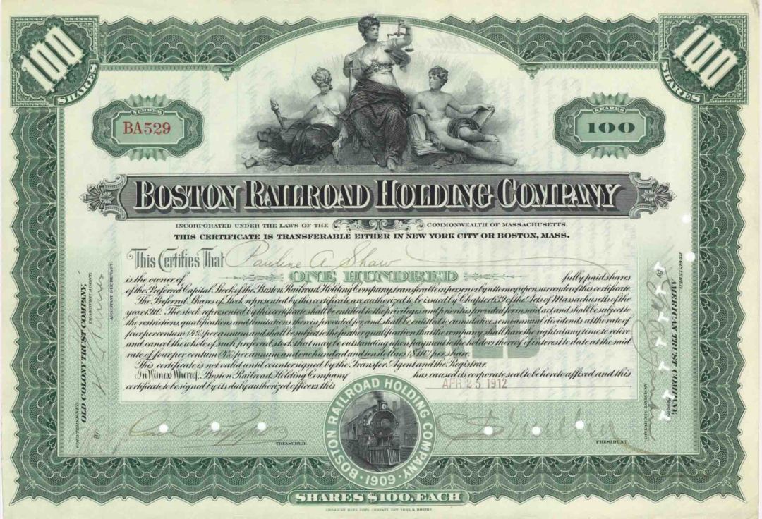  Boston Railroad Holding Co. signed by Charles Sanger Mellen - 1910's dated Autographed Stock Certificate