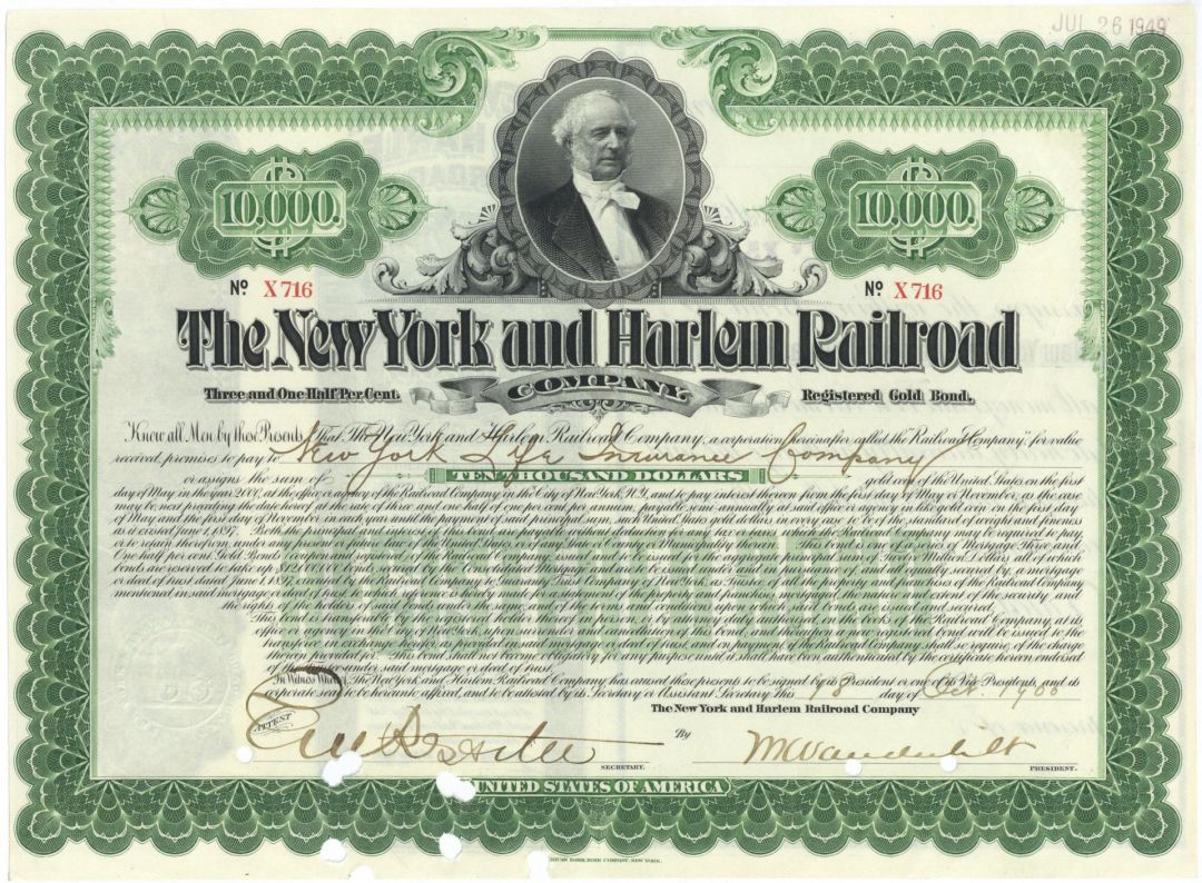 William Kissam Vanderbilt signed New York & Harlem Railroad Co. $10,000 Bond - 1901 dated Autograph Railway Bond - Also signed by Edward V. W. Rossiter