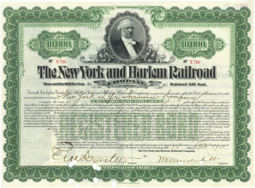 William Kissam Vanderbilt signed New York & Harlem Railroad Co. $10,000 Gold Bond - 1901 dated Autograph Railway Bond - Also signed by Edward V. W. Rossiter