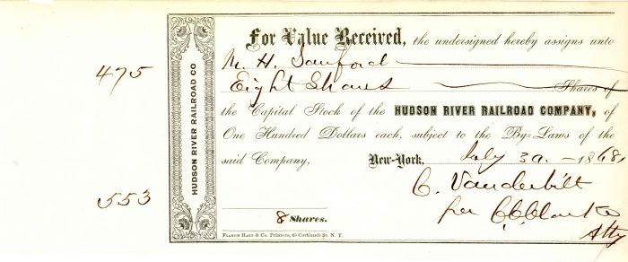 Hudson River Railroad Co. signed by C.C. Clark for Commodore Cornelius Vanderbilt - Stock Certificate