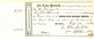 Hudson River Railroad Co. signed by C.C. Clark for Commodore Cornelius Vanderbilt - Stock Certificate