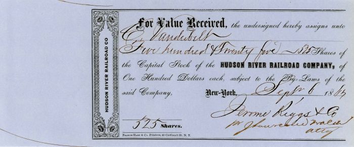 Hudson River Railroad Company issued to Commodore Cornelius Vanderbilt - Stock Certificate - SOLD