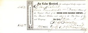 Hudson River Railroad Co. issued to Commodore Cornelius Vanderbilt, not signed - Autographed Stock Certificate