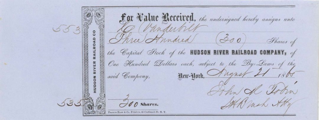 Hudson River Railroad Co. issued to Commodore Cornelius Vanderbilt, not signed - 1865 dated Railroad Transfer Receipt