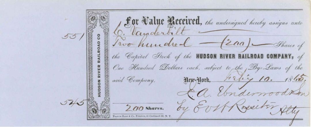 Hudson River Railroad Co. Issued to Commodore Cornelius Vanderbilt and signed by Edward Van Wyck Rossiter Rossiter  - 1865 dated Autographed Transfer Receipt