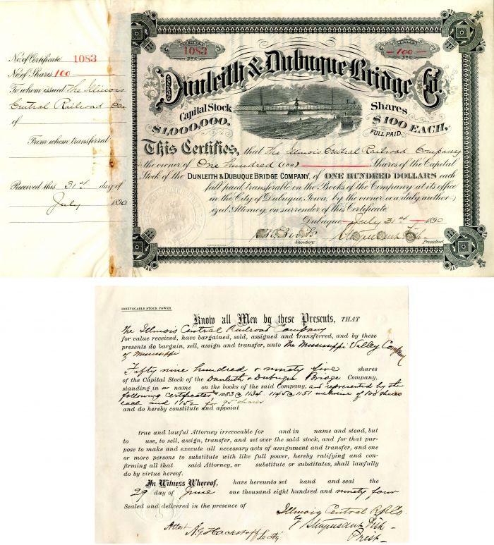 Dunleith and Dubuque Bridge Co. signed twice by Stuyvesant Fish - 1890 dated Autograph Railway & Bridge Stock Certificate