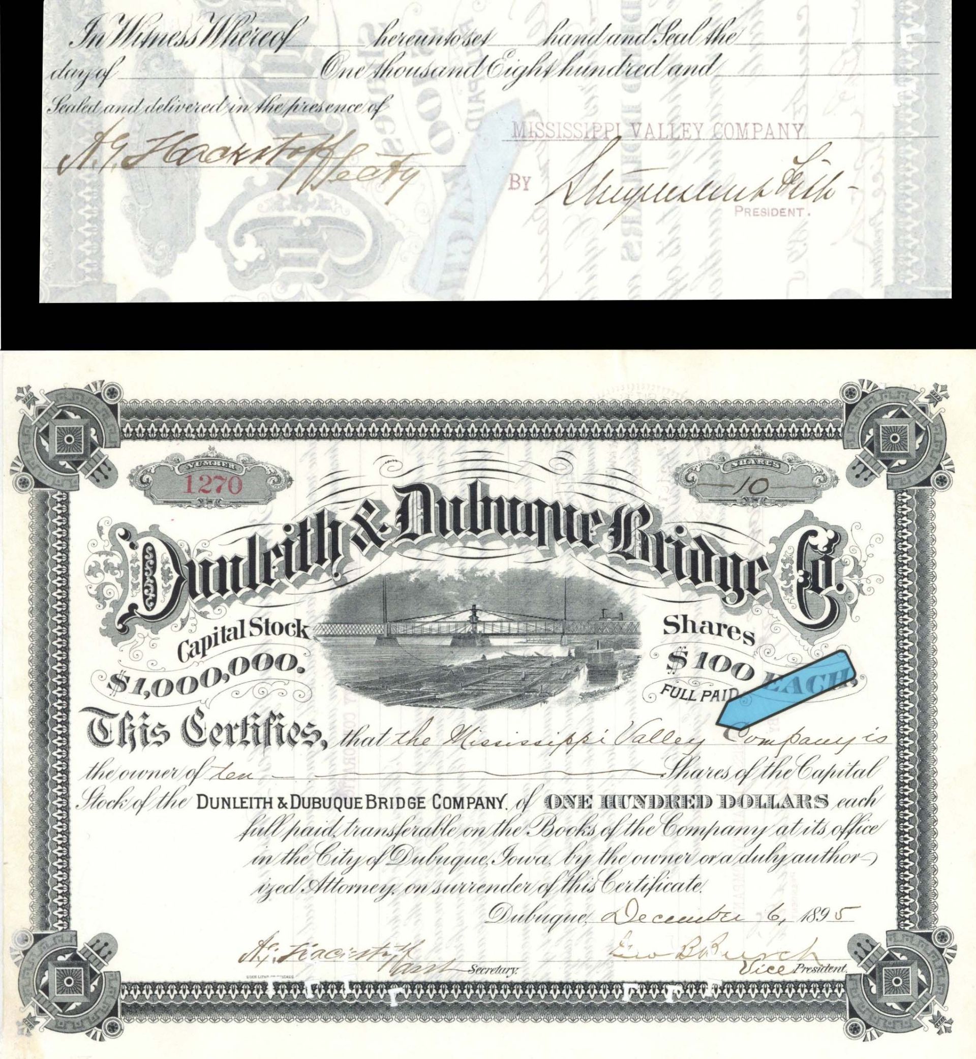 Dunleith and Dubuque Bridge Co. signed twice by Stuyvesant Fish - 1890 dated Autograph Railway & Bridge Stock Certificate