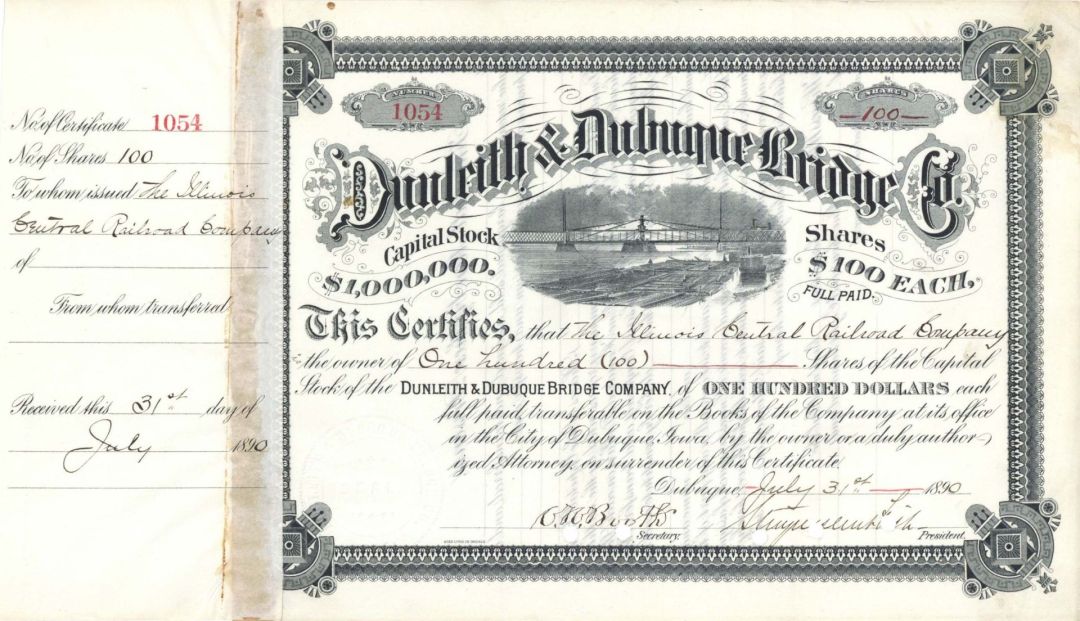 Dunleith and Dubuque Bridge Co. Signed by Stuyvesant Fish - 1890 dated Autograph Railway Stock Certificate