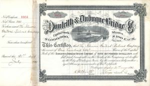 Dunleith and Dubuque Bridge Co. Signed by Stuyvesant Fish - 1890 dated Autograph Railway Stock Certificate
