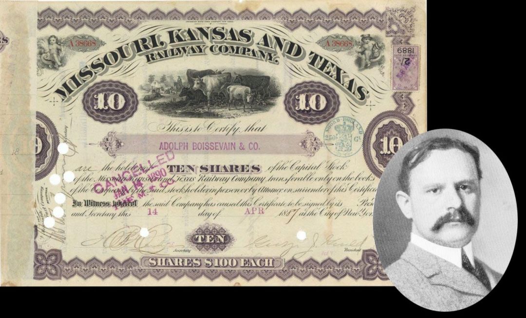Missouri, Kansas and Texs Railway Co. signed by George J. Gould - 1886-1888 dated Autographed Stock Certificate