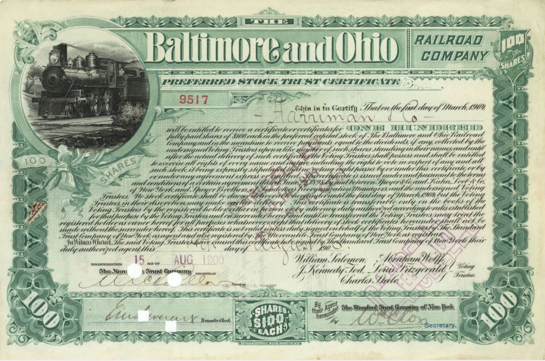 Baltimore and Ohio Railroad Co. Issued to Harriman and Co. - 1900 dated Railway Stock Certificate