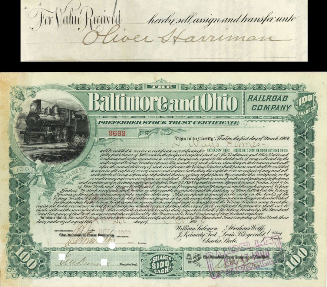 Baltimore and Ohio Railroad Co. transferred to Oliver Harriman - 1900 or 1901 dated Railway Stock Certificate