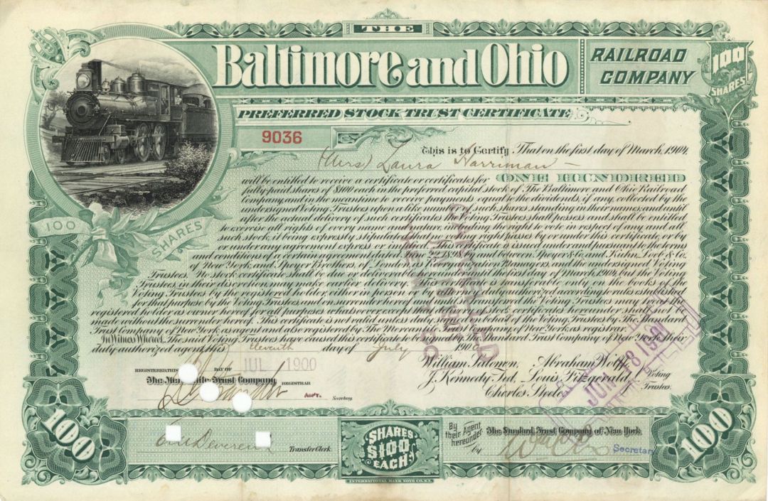 Baltimore and Ohio Railroad Co. Issued to Laura Harriman - 1900 dated Railway Stock Certificate