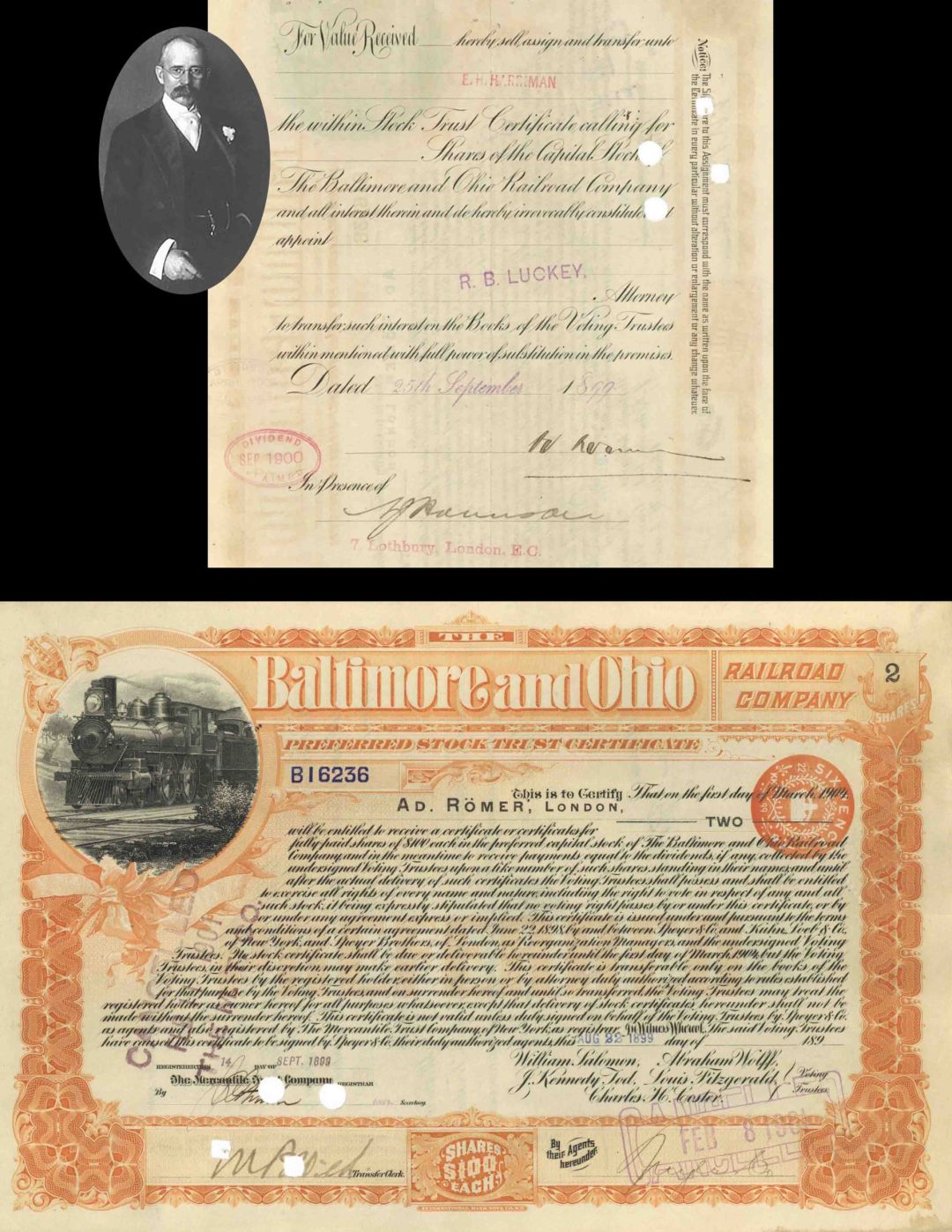 Baltimore & Ohio Railroad Stock Transferred to Edward H. Harriman - 1899 dated Railway Stock Certificate