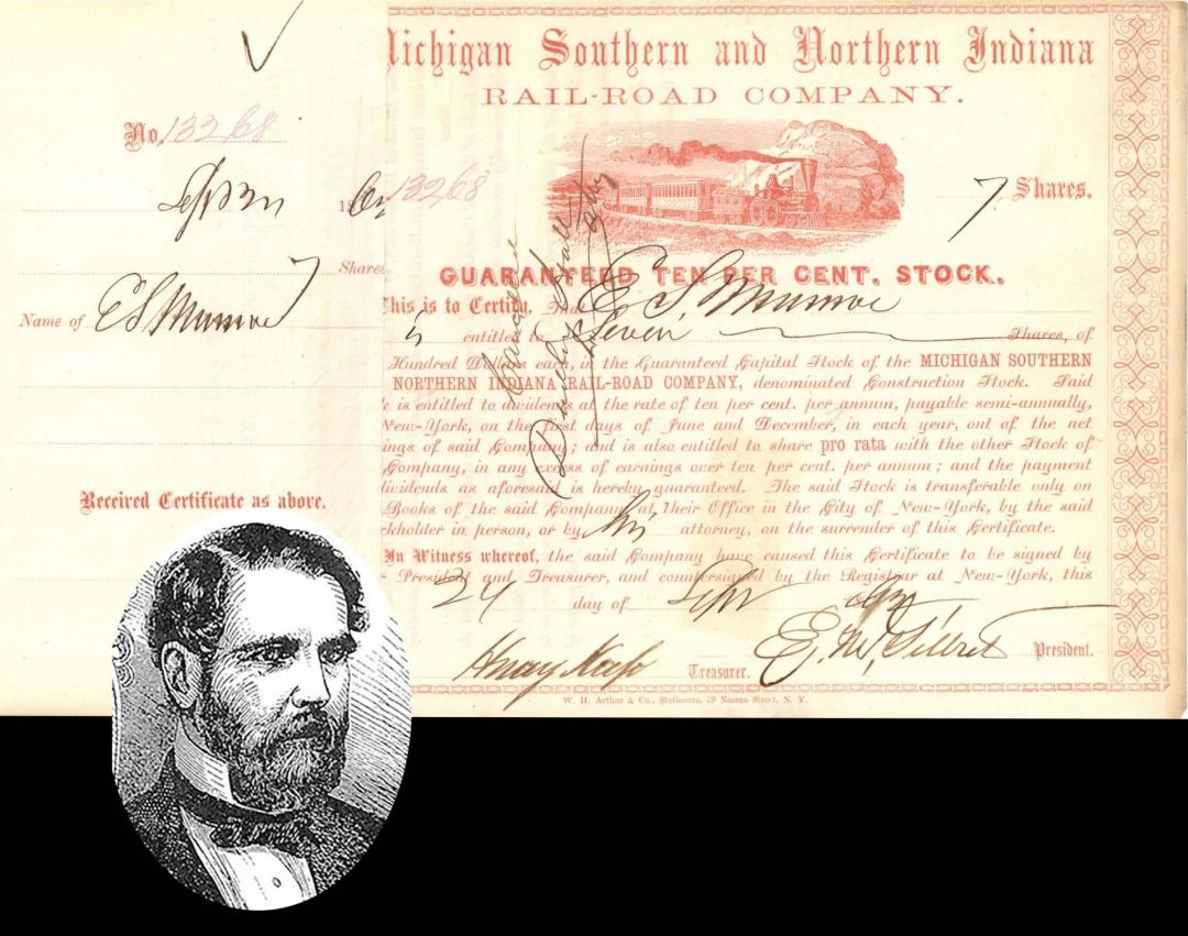 Michigan Southern and Northern Indiana Railroad Co. signed by Henry Keep - 1862 dated Autographed Stock Certificate