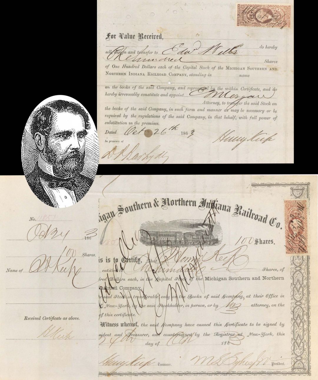 Michigan Southern and Northern Indiana Railroad Co. issued to and signed by Henry Keep - 1863 dated Autographed Stock Certificate