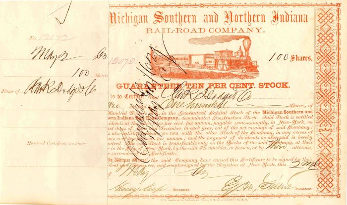 Michigan Southern and Northern Indiana Railroad Co. Issued to Clark, Dodge and Co. and Signed by Henry Keep - 1863 dated Railway Stock Certificate