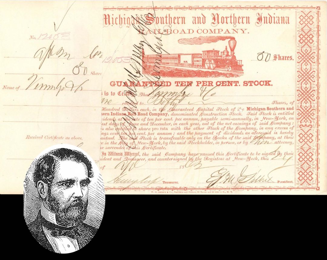 Michigan Southern and Northern Indiana Railroad Co. signed by Henry Keep  - 1862 dated Autographed Stock Certificate