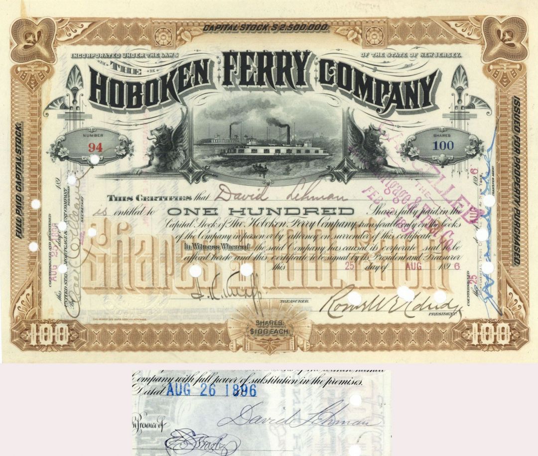 Hoboken Ferry Co. signed by David Lehman - Autographed Stock Certificate