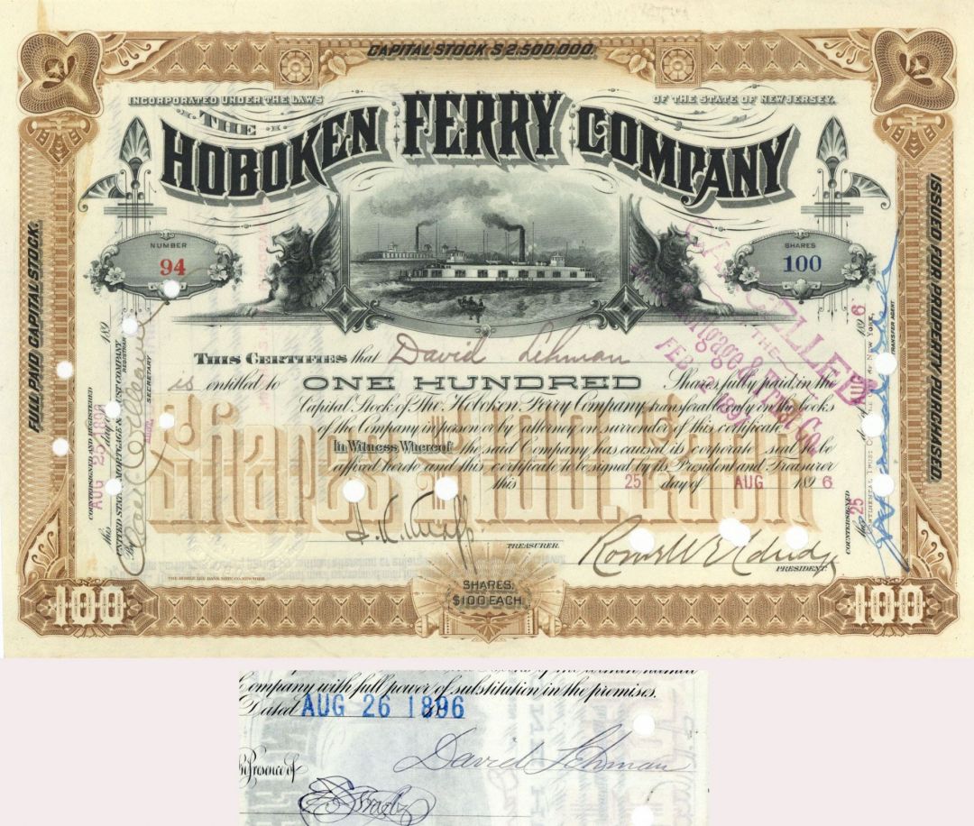 Hoboken Ferry Co. signed by David Lehman - 1890's dated Autographed Stock Certificate