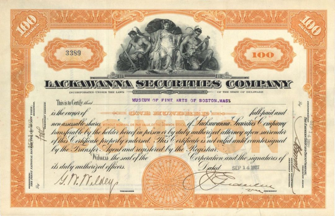 Lackawanna Securities Co. issued to Museum of Fine Arts of Boston, Mass - 1927 dated Stock Certificate