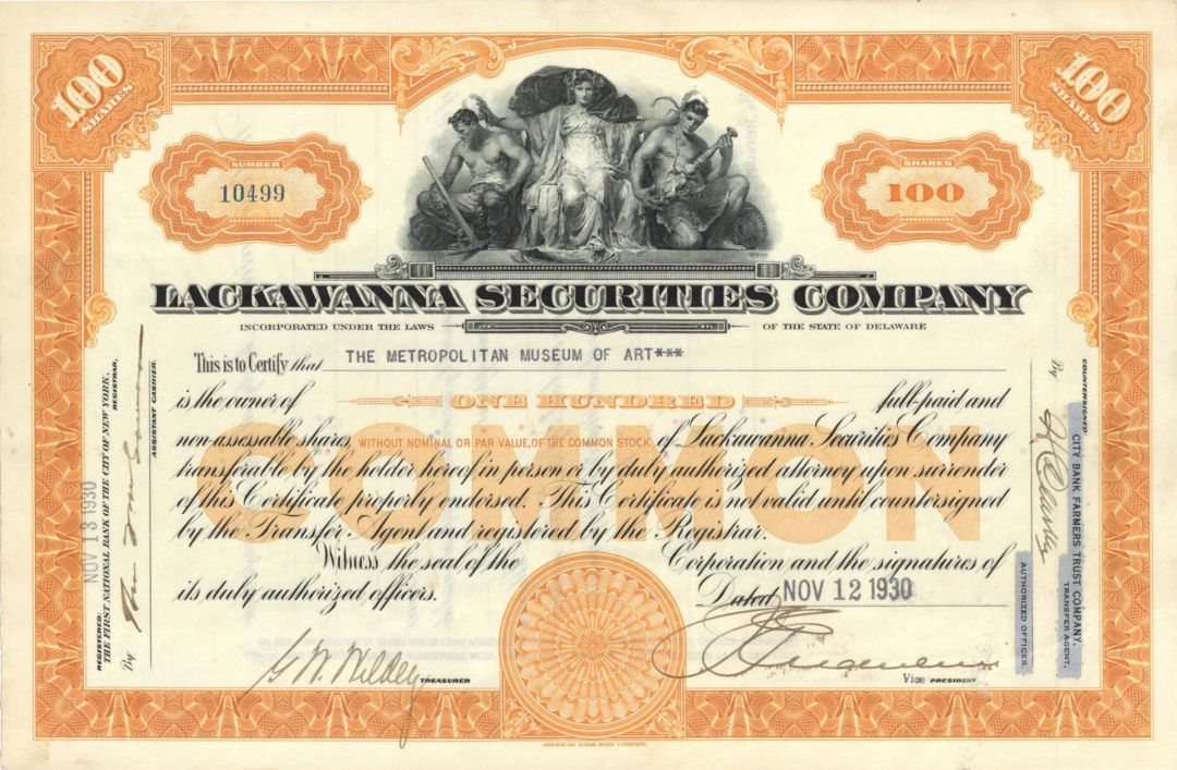 Lackawanna Securities Co. issued to Metropolitan Museum of Fine Arts - 1930-1932 dated Stock Certificate