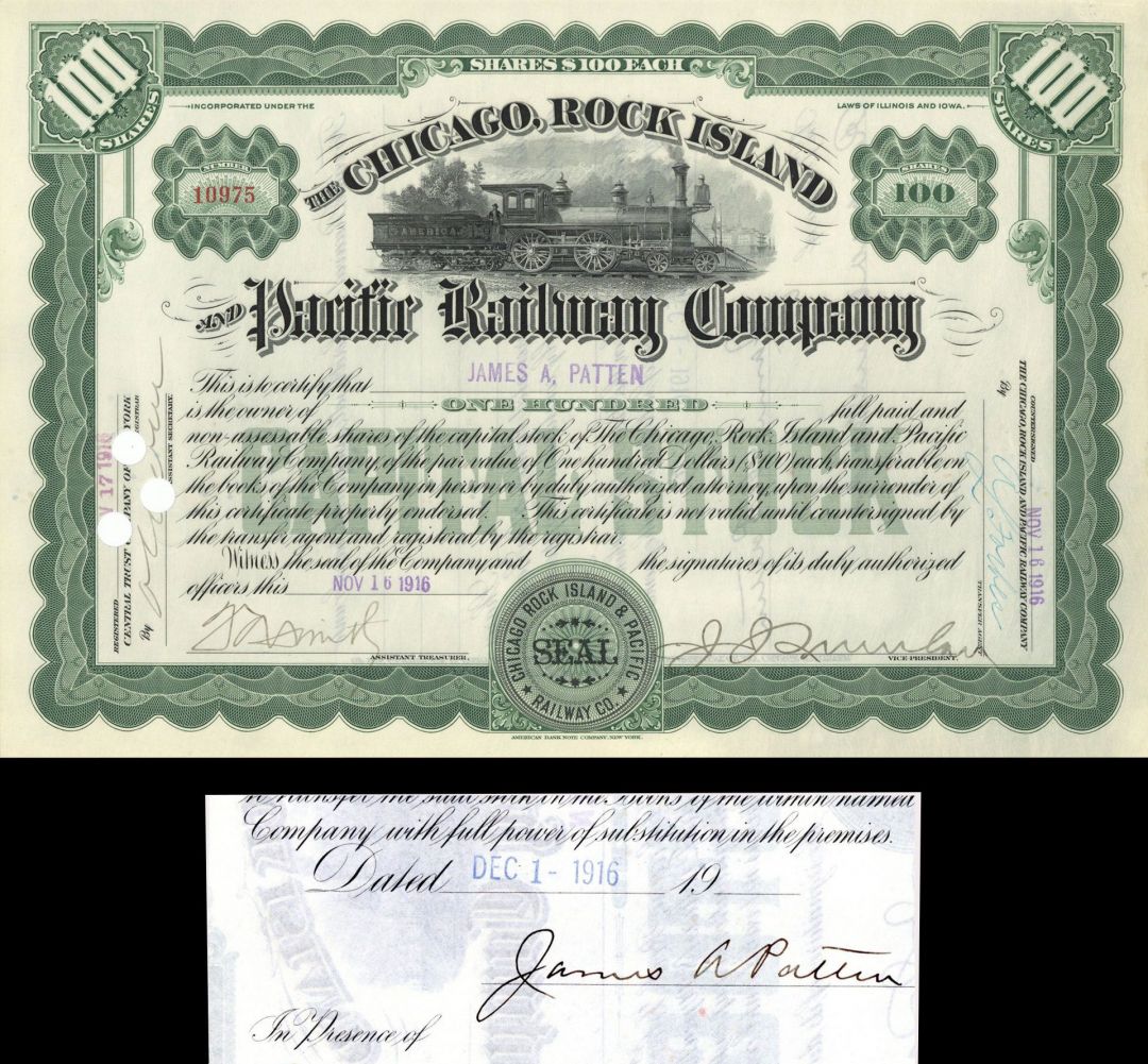 James A. Patten issued to and signed Chicago, Rock Island and Pacific Railway Co. - Stock Certificate
