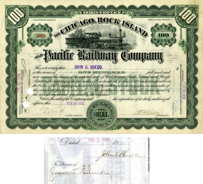 Chicago, Rock Island and Pacific Railway signed by John Graves Shedd   - Stock Certificate