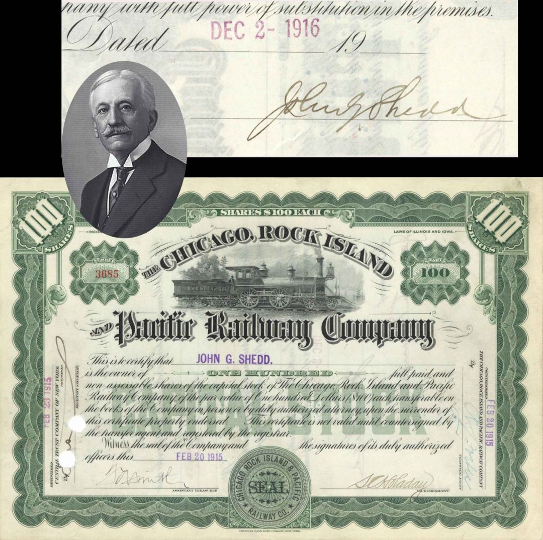 Chicago, Rock Island and Pacific Railway signed by John Graves Shedd   - 1915 and 1916 dated Autographed Stock Certificate