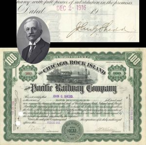 Chicago, Rock Island and Pacific Railway signed by John Graves Shedd   - 1915 and 1916 dated Autographed Stock Certificate