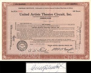 Jacob J. Schubert - United Artists - Stock Certificate