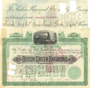 Beech Creek Railroad transferred to Cornelius Vanderbilt II - 1873-88 dated New York Railway Stock Certificate