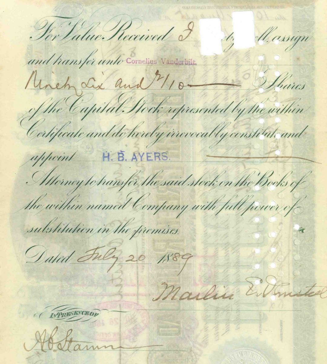  Beech Creek Railroad transferred to Cornelius Vanderbilt II - New York Railway Stock Certificate
