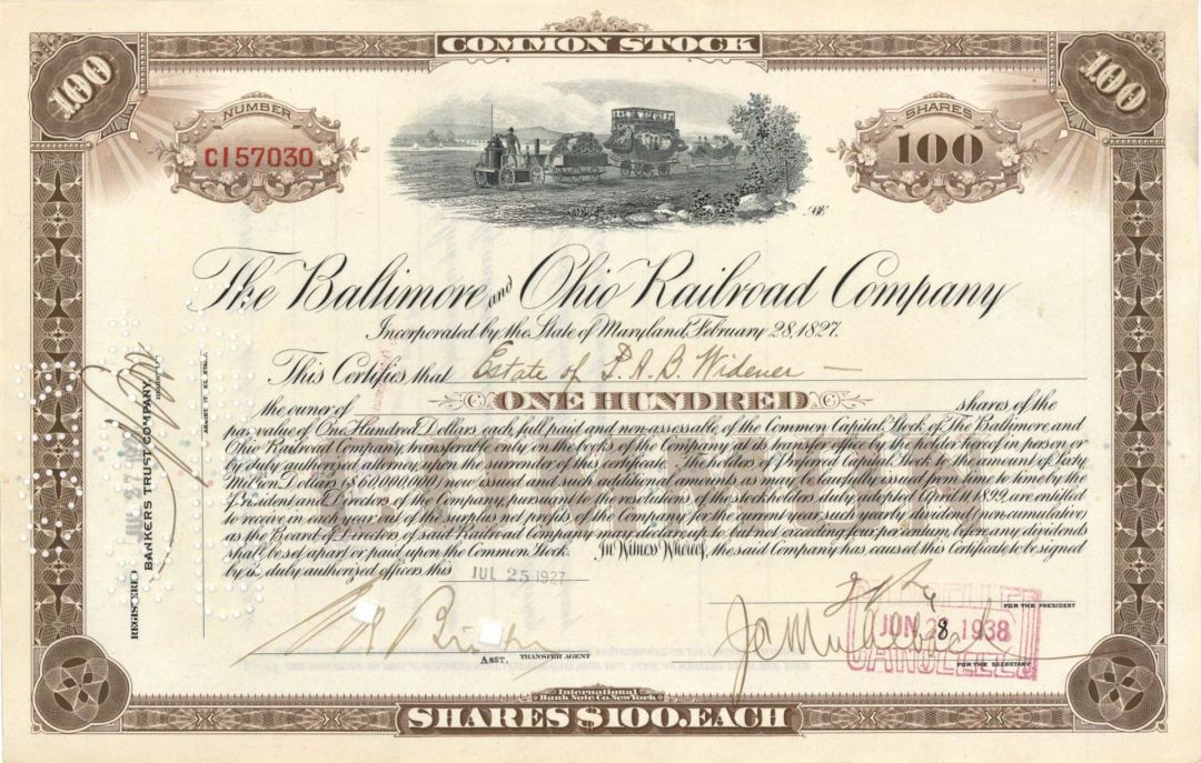 Baltimore and Ohio Railroad Co. issued to Estate of P. A. B. Widener - Not Signed - 1926, 1927 or 1929 dated Stock Certificate