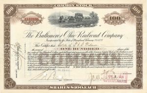 Baltimore and Ohio Railroad Co. issued to Estate of P. A. B. Widener - Not Signed - 1926, 1927 or 1929 dated Stock Certificate