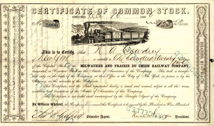Milwaukee and Prairie du Chien Railway Co. signed by Russell Sage - Stock Certificate