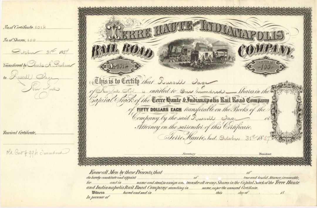 Terre Haute and Indianapolis Rail Road Co. Issued to Russell Sage - 1887 dated Stock Certificate