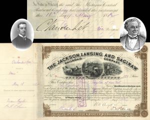 Jackson Lansing and Saginaw RR Stock issued to Moses Taylor and signed by Cornelius Vanderbilt Jr. (Uncanceled) - 1882 dated Autographed Stock Certificate