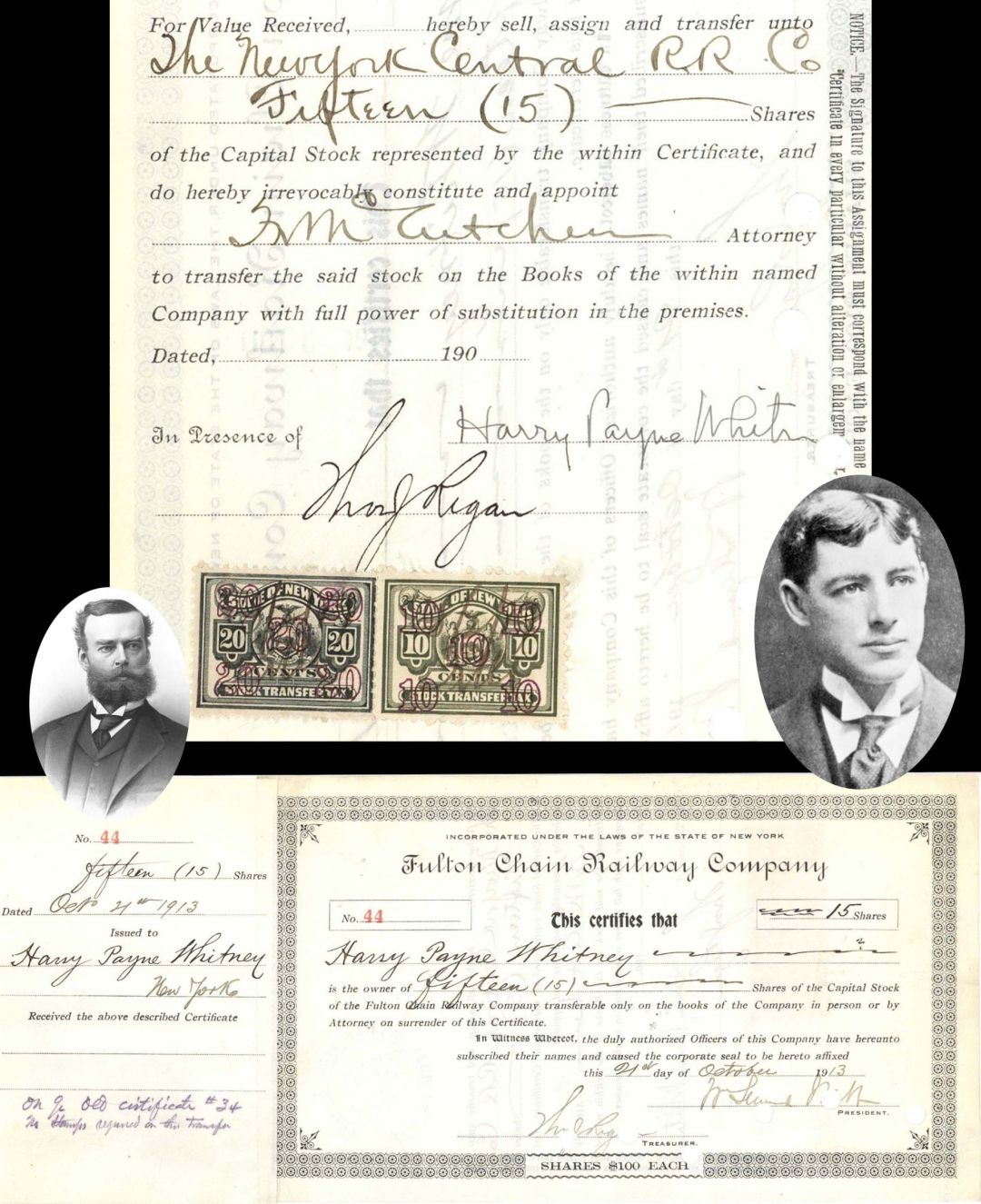 Fulton Chain Railway Co. issued to Harry Payne Whitney and signed by him and W. Seward Webb - 1913 dated Autographed Railroad Stock Certificate