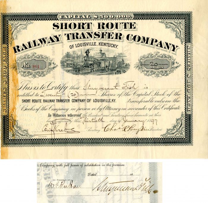 Stuyvesant Fish signed Short Route Railway Transfer Co. - Autograph Stock Certificate