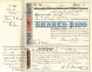 Jeffersonville, Madison and Indianapolis Railroad Co. signed by Thomas A. Scott - 1871 Stock Certificate 