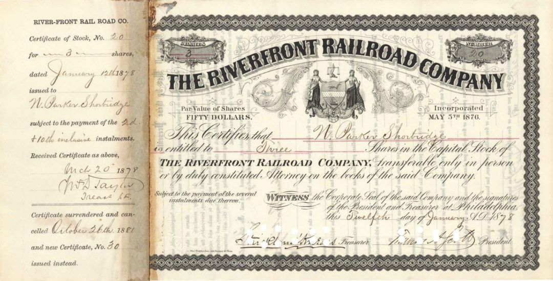 Riverfront Railroad Co. Signed by Thomas A. Scott - 1878 dated Autographed Stock Certificate