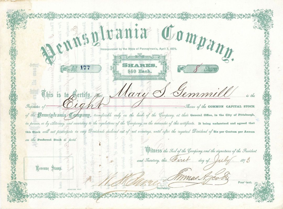 Thomas A. Scott autographed Pennsylvania Co. - Autographed Stock