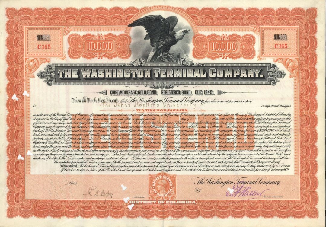 Washington Terminal Co. issued to Johns Hopkins University - 1905 dated $10,000 Railway Bond