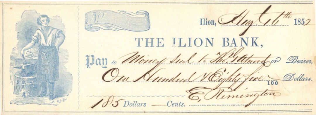 Ilion Bank Check signed by Eliphalet Remington II or Jr. - Founder of Remington and Sons - 1852-1855 dated Autograph