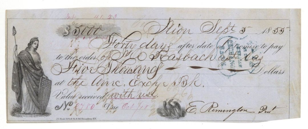 E. Remington II or Jr. - Signed Check - Founder of Remington and Sons - 1855 dated Autograph