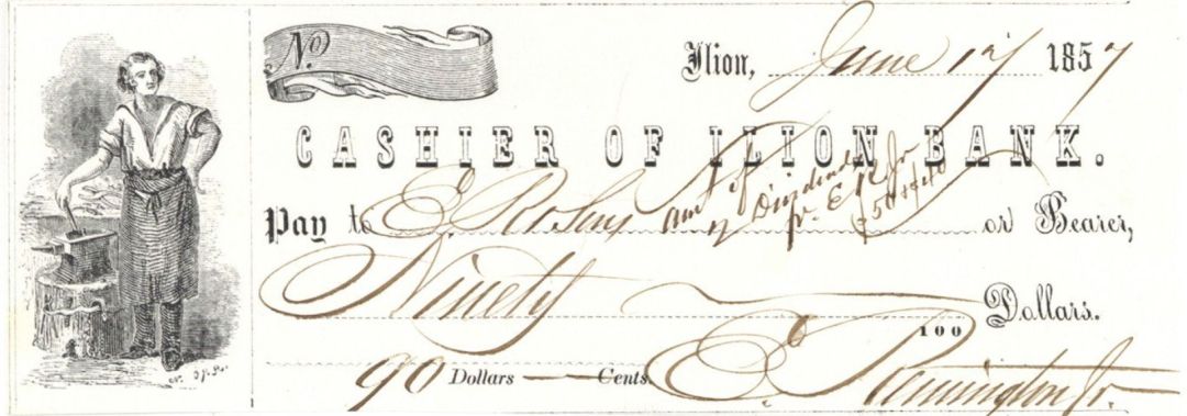 Cashier of Ilion Bank Check signed by Eliphalet Remington Jr.  - Gun Maker - 1857 dated Autograph Check