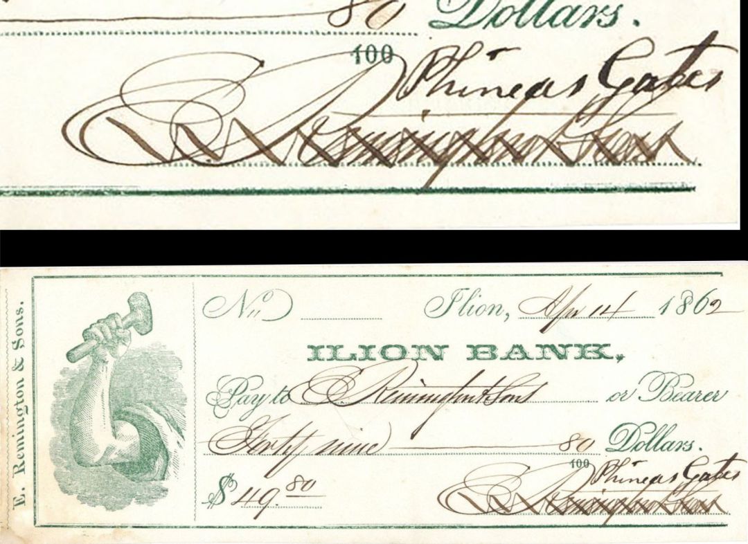 Ilion Bank Check signed by Eliphalet Remington III - 1862 dated Autograph