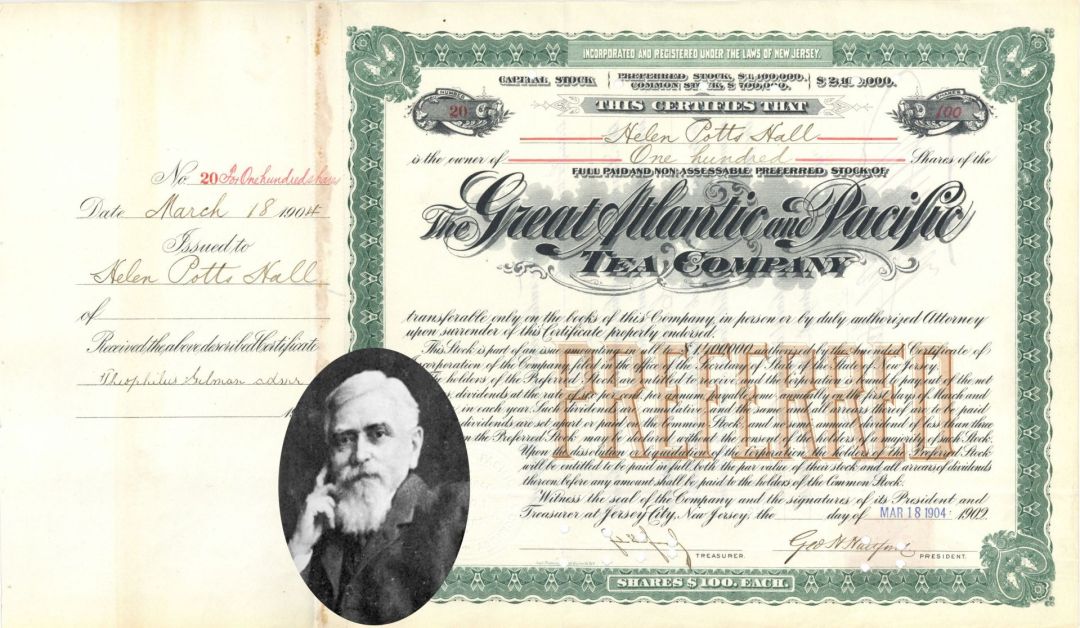 Great Atlantic and Pacific Tea Co. signed by George H. Hartford - 1904-1916 dated Autographed Stock Certificate