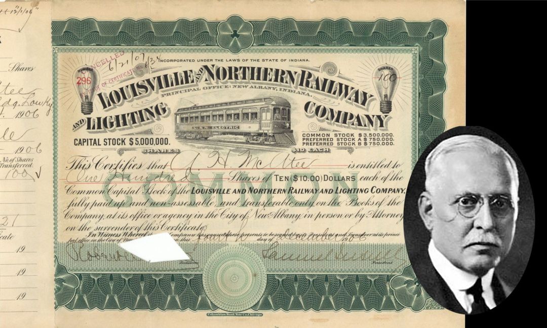 Louisville and Northern Railway and Lighting Co. Signed by Samuel Insull - 1906-1912 dated Autographed Stock Certificate (Uncanceled)